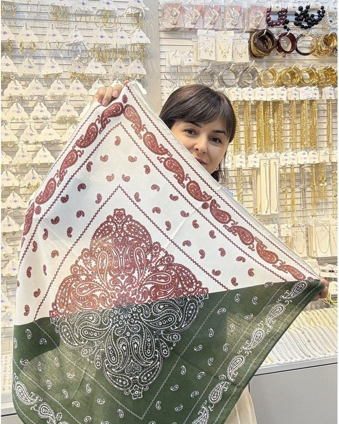 Bordo ve yeşil iki renkli çift taraflı paisley desenli pamuklu fular