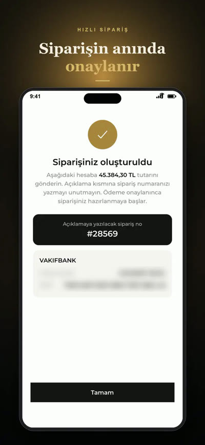 ATASEV GOLD uygulaması Sipariş Onayı ekranı